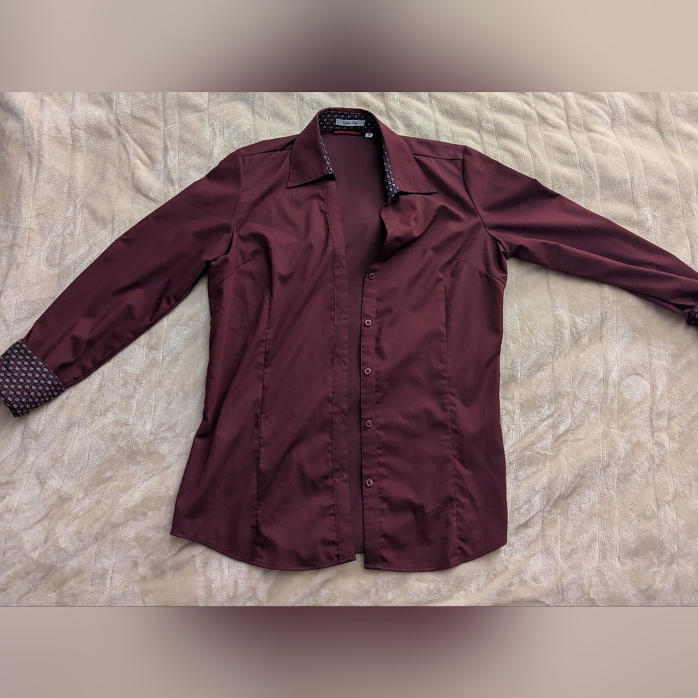 Burgundy and Paisley Long Sleeve Button Up Shirt